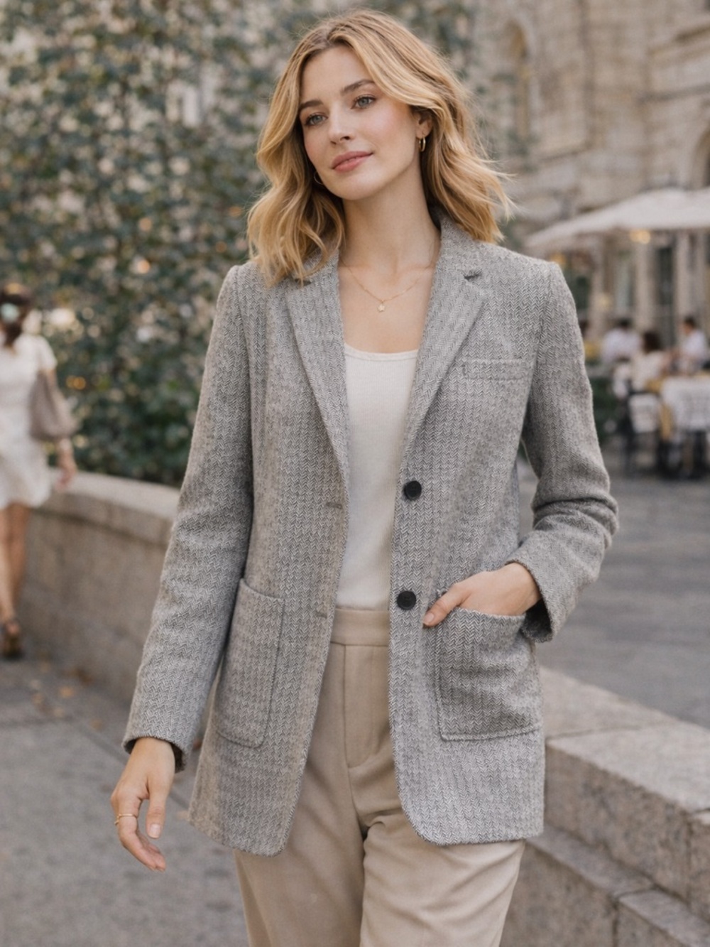 Six Crisp Days Herringbone Blazer Jacket Gray White Size M